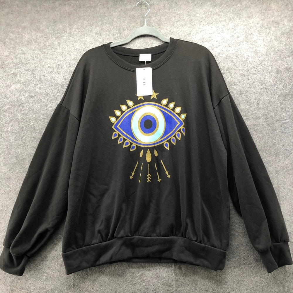 NWT Blue Buttercup Star Evil Eye Sweatshirt Womens Large Black Graphic Pullover